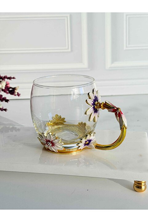ROSSEV Dekoratif Cam Kupa Flore Glow-Metal Kulplu 200ml