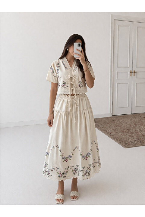 Ekim Store Nakış İşleme Etekli Yıkamalı Keten Takım