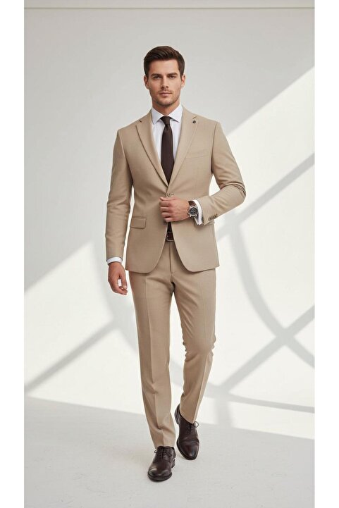 Plus Scorpion Erkek Slim Fit Mikro Desenli Takım Elbise 2 Düğmeli Çift Yırtmaçlı Modern Ceket Pantolon Takım