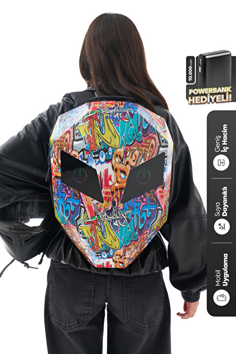Zampago LED Göz Maskeli Grafiti Akıllı Sırt Çantası – Sert Kasa, 10.000 mAh Powerbank Hediyeli