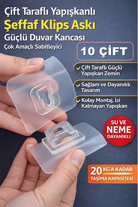 İndirimKap 10 Çift Geçmeli Çift Taraflı Yapışkanlı Klips Eşya Sabitleme Askısı Şeffaf Duvar Kancası