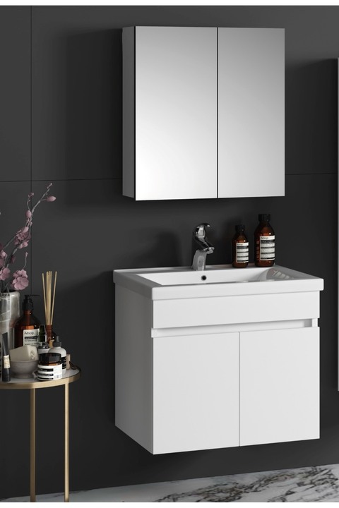 ÖZCEDEN Çiğdem 65 cm Beyaz MDF Seramik Lavabolu Asma Banyo Dolabı Takımı