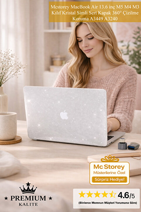 Mcstorey MacBook Air 13.6 inç M5 M4 M3 Kılıf Kristal Simli Sert Kapak 360° Çizilme Koruma A3449 A3240