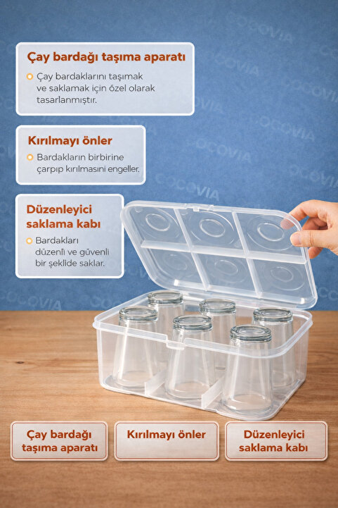 CocoVia Pratik 6 Bölmeli Çay Bardağı Taşıma / Piknik Bardak Taşıma Kutusu Seyahat Piknik Bardak Taşıma Aparatı Karavan Bardaklık