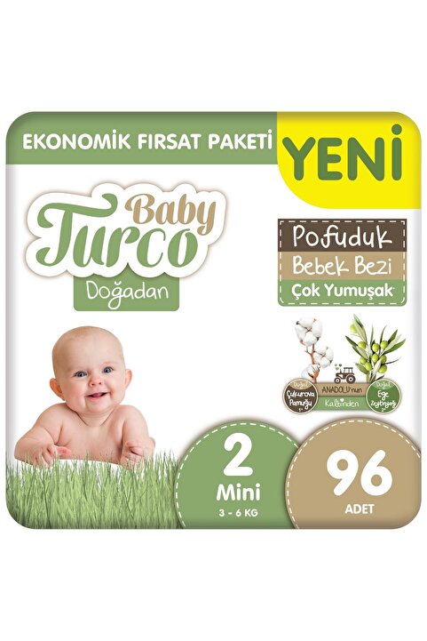 Baby Turco Doğadan Ekonomik Fırsat Paketi Pofuduk Bebek Bezi 2 Numara Mini 96 Adet