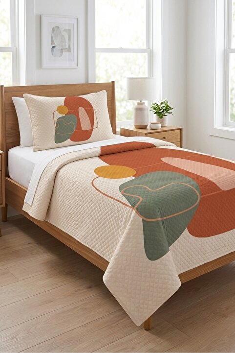 Evmila Soyut Geometrik Boho Genç Pike Takımı-Organik Form Modern Kiremit Haki Kapitone Yatak Örtüsü