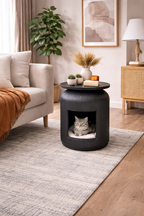 Kastasaksı 43x55 cm Modern Dekoratif Kedi Yuvası kedi tuvaleti ve alt siyah Plastik mermer desen MDF Sehpaı