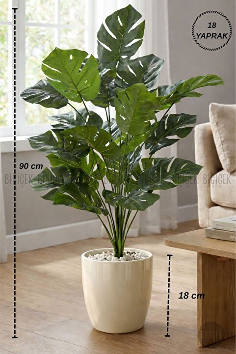 BİÇİÇEK Yapay Çiçek Salon Bitkisi Monstera Deve Tabanı Kırıkbeyaz Renk Yalı Saksıda