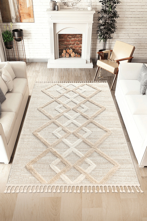 SANRUGS Home & Living Bukleli Yumuşak Peluş Post Krem Beyaz Oturma Odası Salon Mutfak Yolluk Kilim Halı