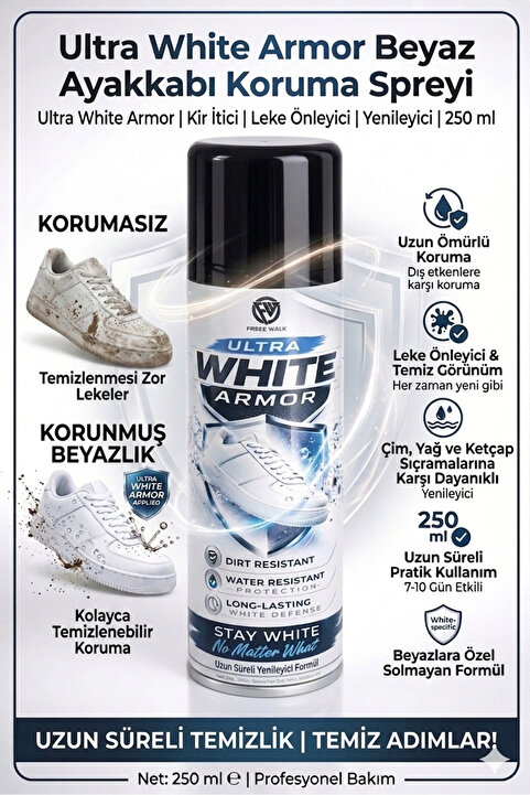 Free Walk Ultra White Armor Beyaz Ayakkabı Koruma Spreyi | Kir İtici | Leke Önleyici | Yenileyici | 250 ml