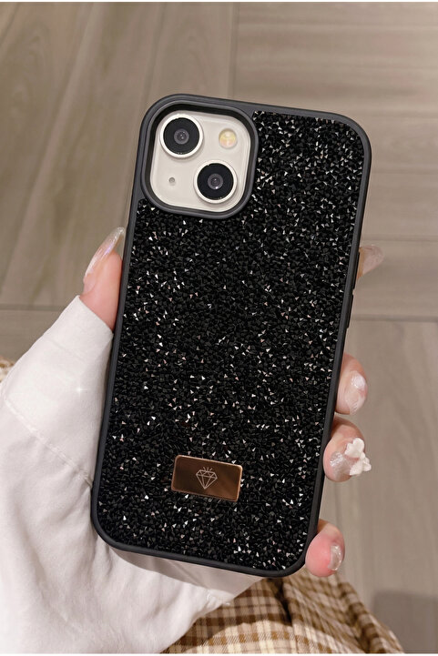 KVK PRİVACY iPhone 13 / 14 / 15 Uyumlu – Elmas Tasarımlı, Siyah Taşlı, Işıltılı Pırlanta Silikon Kılıf