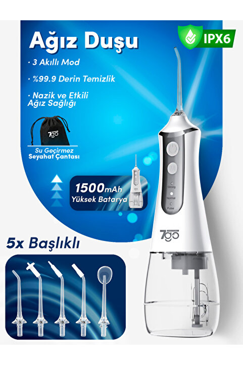 7GO 7GMF1 Şarjlı Ağız Duşu (Water Flosser) – 300ml Su Haznesi, 5 Başlıklı IPX6 Su Geçirmez Diş Temiz