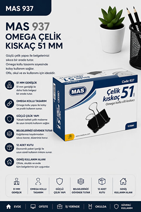 Mas 937 Çelik Kıskaç 51 mm 12 Adet - Siyah