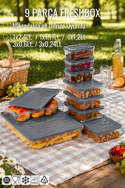 Nandy Home 9 Lu Set Freshbox Mikrodalga Ve Difrize Uygun Saklama Kabı Gri