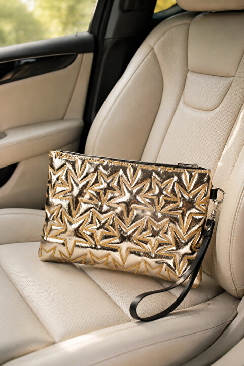 Adelina Bags Yıldız Nakış İşlemeli Portföy El Çantası Bilek Askılı Saten Astarlı Gold Clutch Çanta