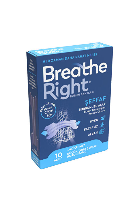 Breathe Right Burun Bandı Şeffaf, Hassas Ciltler için 10'lu (Horlama ve Burun Tıkanıklığı İçin)