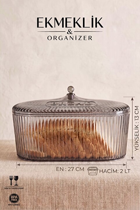GLUS Ekmeklik Saklama Kabı | Meyvelik | Sebzelik | Organizer | 27x13 | 2 LT | Füme