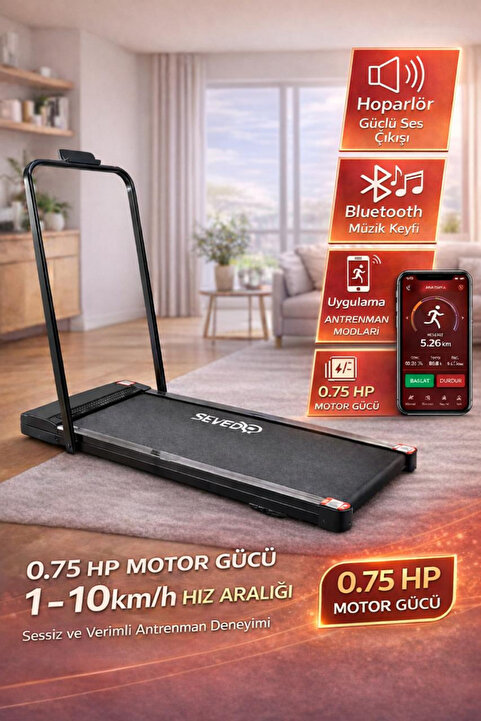 Sevedo Bluetootlu Uzaktan Kumandalı Katlanabilir Yürüme ve Koşu Bandı 1-10 Km/H Hız Ayarlı 0.75 HP Motorlu