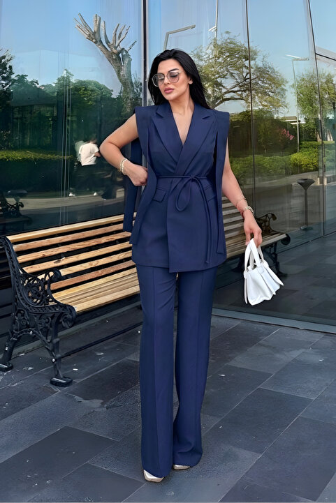 msm fashion Kadın Alt Üst İkili Takım Omuz Detaylı Kemerli Kolsuz Blazer Ceket Pantolon Takım