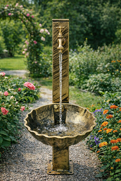 bahcecesmesicom Döküm Lavabolu Gold Eskitme Bahçe Çeşmesi Kare Ayaklı