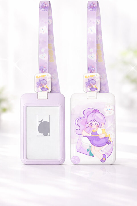synshop Kawai Mor Kız Anime Yoyo İpli Yaka Kartı Boyun Askılı Kimlik Kartı Kılıfı Öğrenci Okul Kartlık