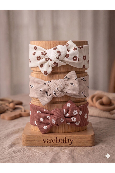 VaVbaby Kız Bebek 3’lü Ribana Fiyonklu Bandana Seti - Kahverengi