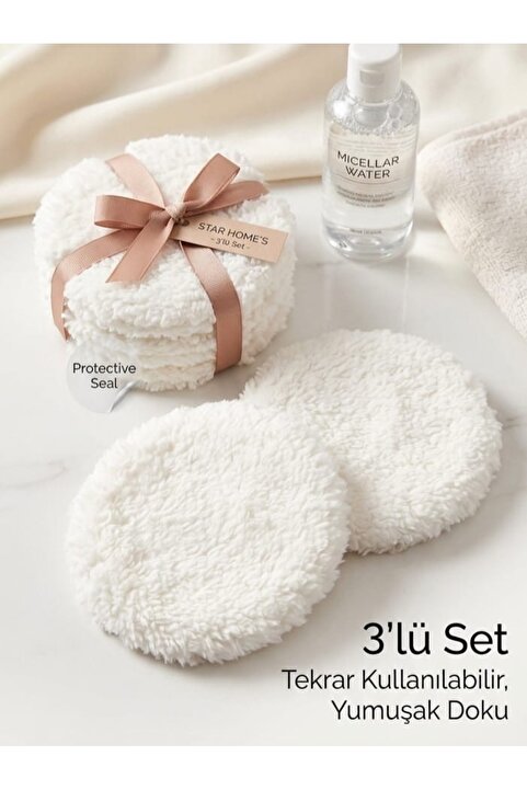 YILDIZ DİJİTAL HOME Makyaj Temizleme Pedi Büyük Boy 3’li Set 10 Cm Yıkanabilir Peluş Krem - Star Home’s