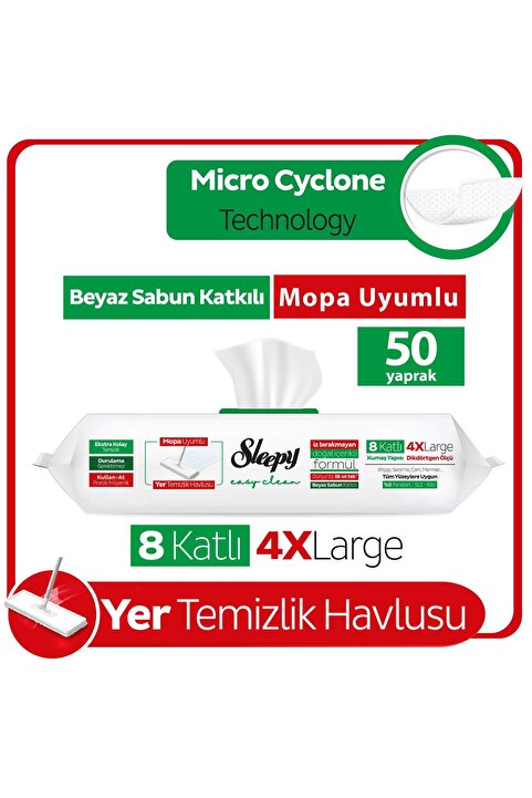 Sleepy Easy Clean Beyaz Sabun Katkılı Mopa Uyumlu Yer Temizlik Havlusu&Mendili 50 Yaprak