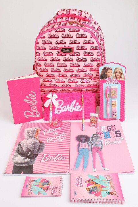 Barbie x Dekomus Lisanslı "Iconic Monogram Collection" Büyük Boy Okul Ve Tüylü Çantası Kırtasiye Set