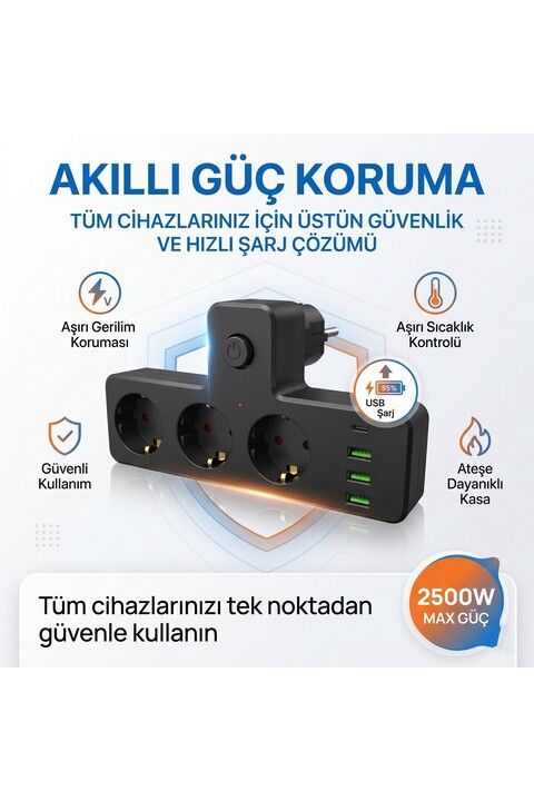 asua 3'lü Termal Akım Korumalı Priz 3xUSB 1xType-C 20W PD Giriş