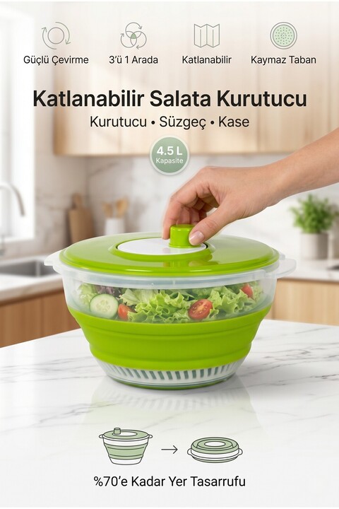 4 Berry Katlanabilir Salata Kurutucu - Süzgeç ve Kase Seti - 3’ü 1 Arada 4.5 Litre Yeşil