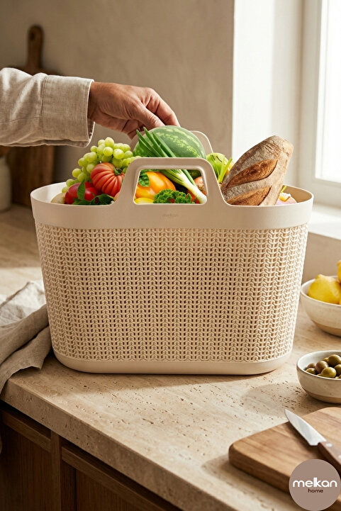 Melkan Home Alışveriş Çantası 26 Litre – Örgü Desenli Pazar & Market Çantası Büyük Boy Taşıma Sepeti