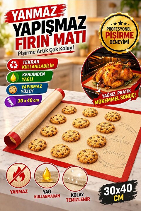 Kitchen Beauty Silikon  Yanmaz Yapışmaz Pişirme Matı 40*30 Cm Kendinden Yağlı Fırın Kağıdı Hamur Açma Matı