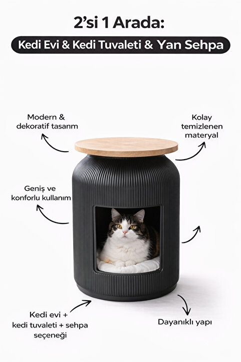 Kastasaksı 43x55 plastik siyah üstü vision mermer MDF kedi evi kedi tuvaletii sehpa