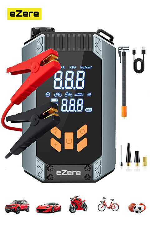 EZERE ST-9632D 4in1 Güçlü 150 PSI Hava Kompresörü, Akü Takviye & Powerbank Dijital Lastik Şişirme Pompa