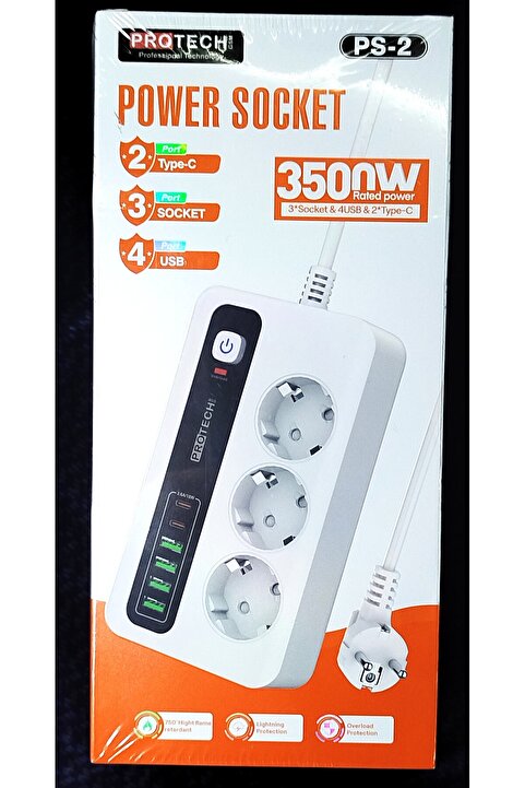 Protech Akım Korumalı Çoklu Priz 9 in 1 3500W USB ve Type-C Şarj