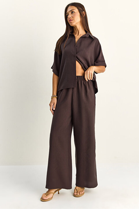 Bianco Lucci Kadın Oversize Kısa Kol Gömlek Beli Lastikli Geniş Paça Pantolon Takım 7651 60286138