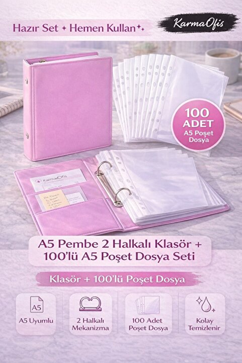 KarmaOfis A5 Pembe Klasör Seti 2 Halkalı + 100’lü Poşet Dosya | Organizer,Ajanda,Planlayıcı,Evrak Düzenleyici