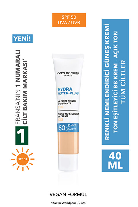 Yves Rocher BB Krem 50 SPF - Ton Eşitleyici Renkli Nemlendirici Güneş Kremi - Hydra Water Plump - Açık 40ML
