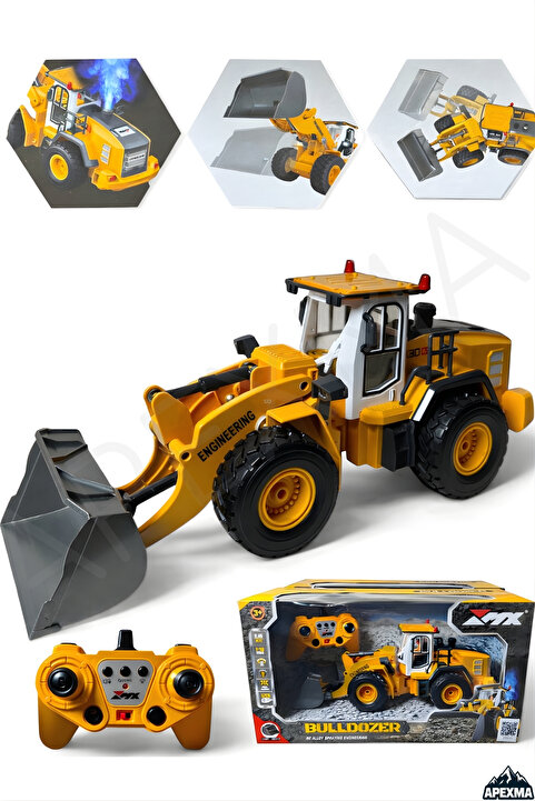 Apexma 2.4GHz Uzaktan Kumandalı Şarjlı Buhar Atan 9 Kanallı Buldozer Sesli Işıklı Metal Kepçeli İş Makinesi
