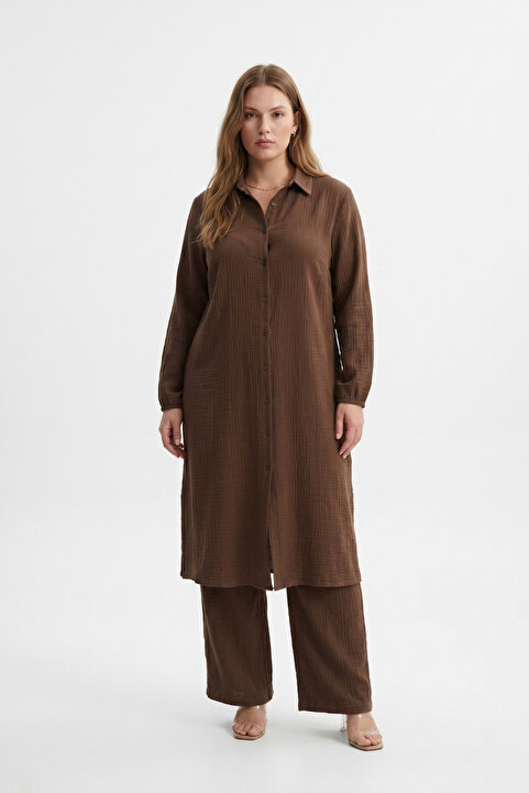 şuranur Bürümcük Gömlek Yaka Tunik Takım Düğmeli Tesettüre Uygun 2XL 6XL