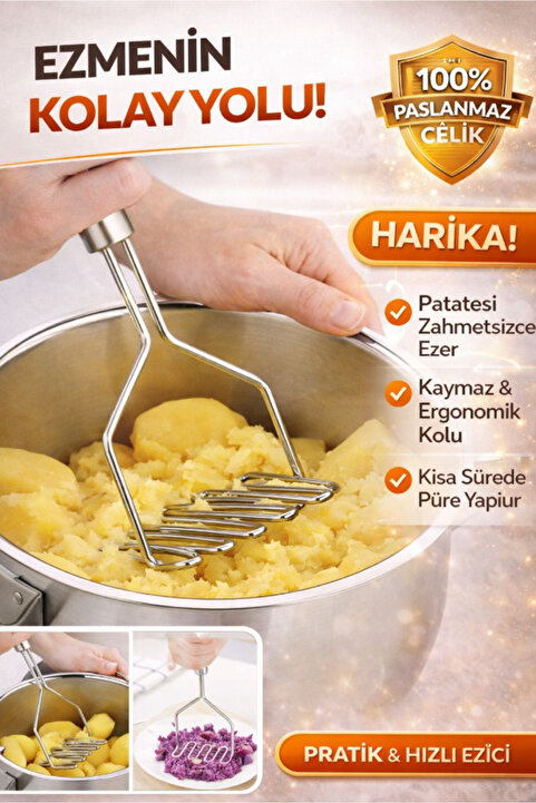 AYGÖREN HOME Pratik 24 Cm Lüks Paslanmaz Metal Patates Ezici | Patates Ezici Püre Yapıcı