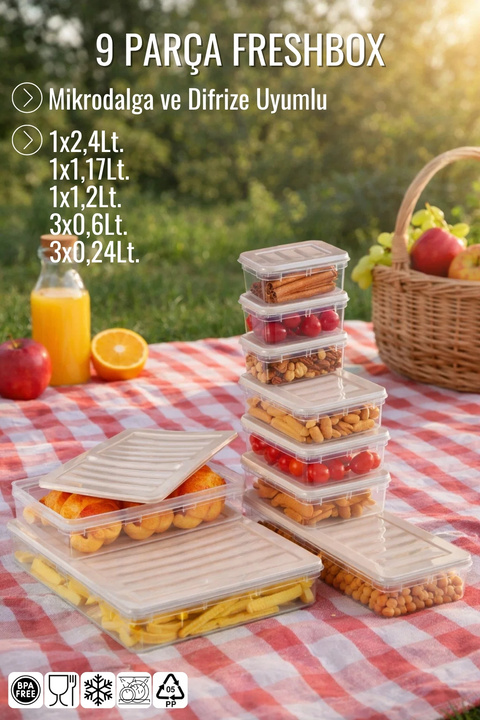 Nandy Home 9'lu Set Freshbox Mikrodalga Ve Difrize Uygun Saklama Kabı Krem