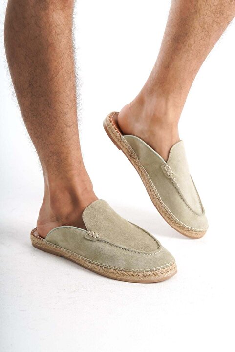 Mubiano Hakiki Deri Summer Erkek Süet Önü Kapalı Jüt Taban Yeşil Espadril Terlik -MSSR3416-Y