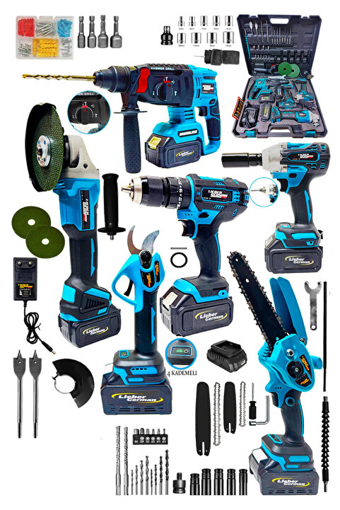 Lieber German Kömürsüz Brushless 6'lı Set 3 Akülü Somun Sökme-Taşlama-Darbeli Vidalama-Dal Budama & Kademeli Makas