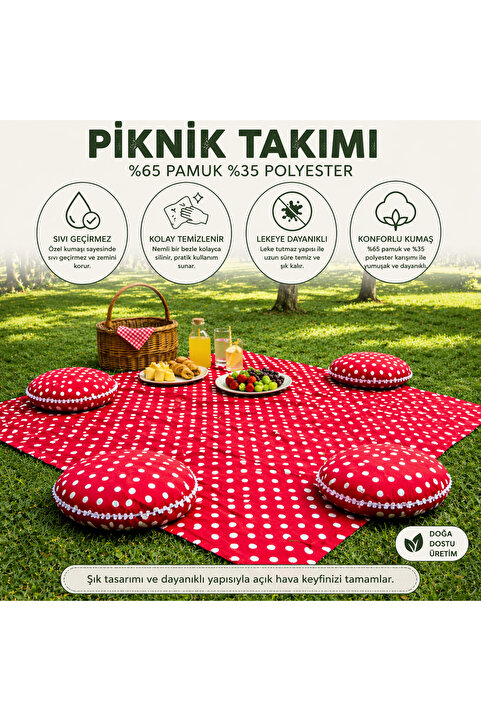 Zeren Home Keten Sıvı Geçirmez Puantiyeli Piknik Seti 4 Minderli Piknik Masa Örtüsü Bahçe Kamp Piknik Takımı