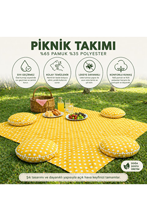 Zeren Home Keten Sıvı Geçirmez Puantiyeli Piknik Seti 4 Minderli Piknik Masa Örtüsü Bahçe Piknik Takımı Sarı