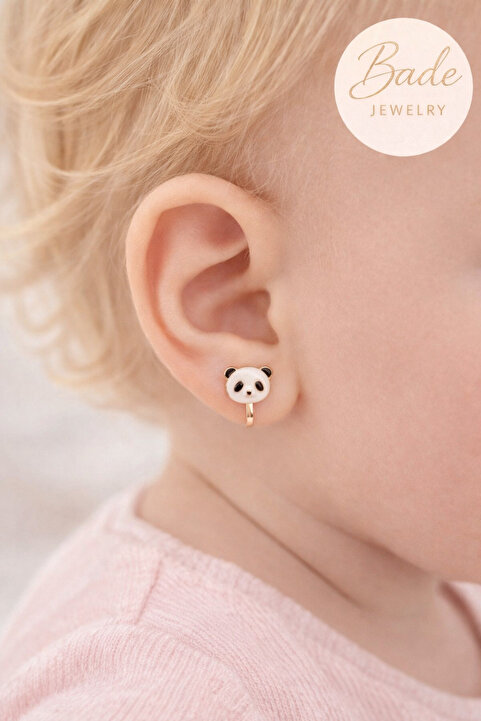 Bade Jewelry Sevimli Panda Figürlü Sıkıştırmalı(Deliksiz Kulaklar İçin) Çocuk Küpesi