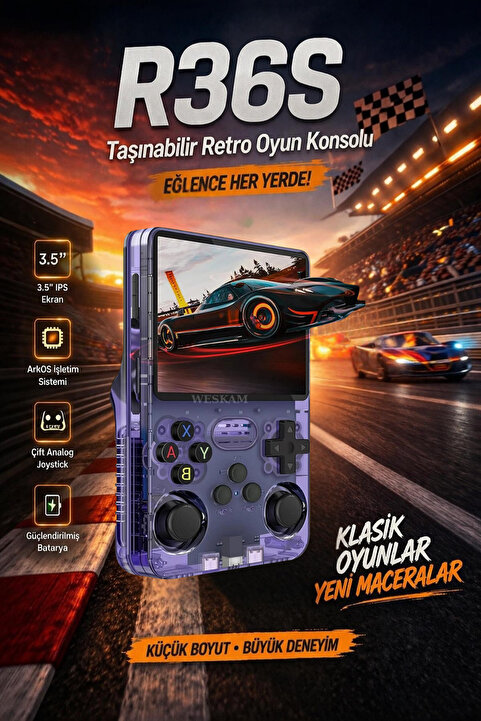 Weskam R36S Retro Oyun Konsolu 15.000+ Konsol Oyunu Yeni Nesil El Atarisi 64 Gb Hd Ekran Upgrade