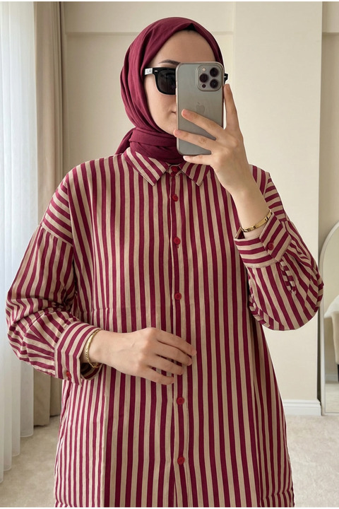 Kirazca Butik Kadın Çizgili Tunik Gömlek 80/85 Cm